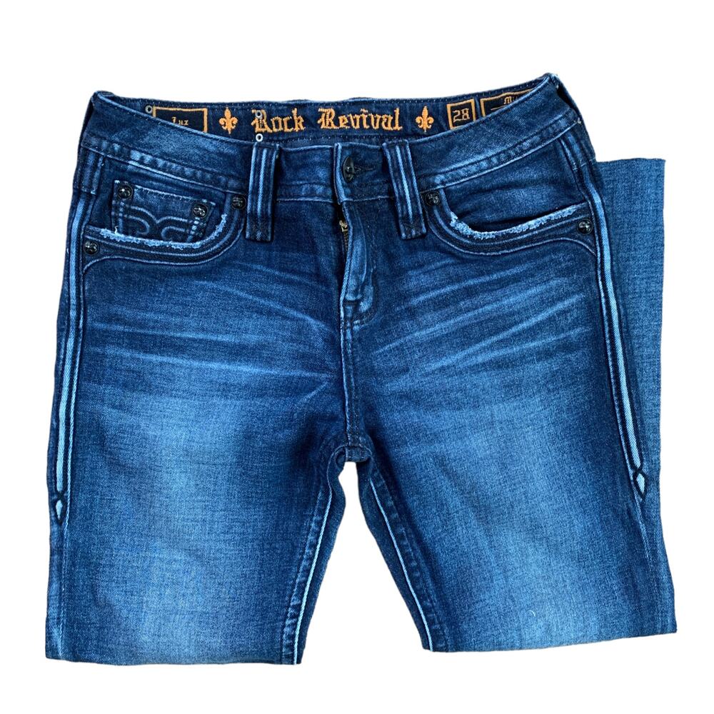 Rock Revival Luz Mid-Rise Flair Cropped Raw Hem Jeans 28